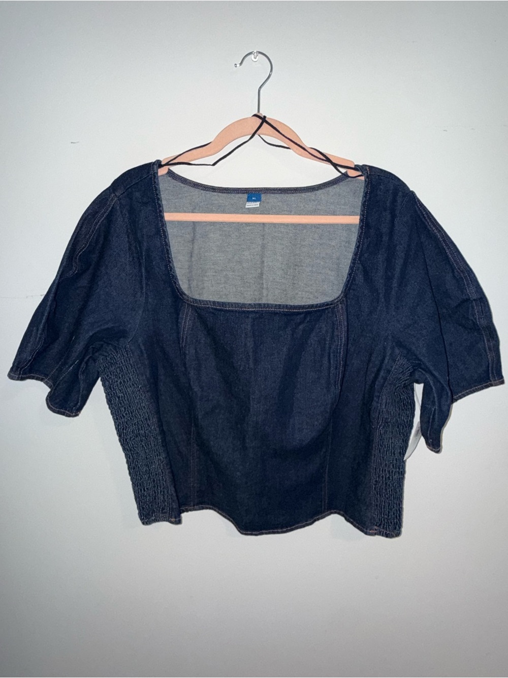Old Navy Dark Blue Denim Square-Neck Smocked Side Crop Top